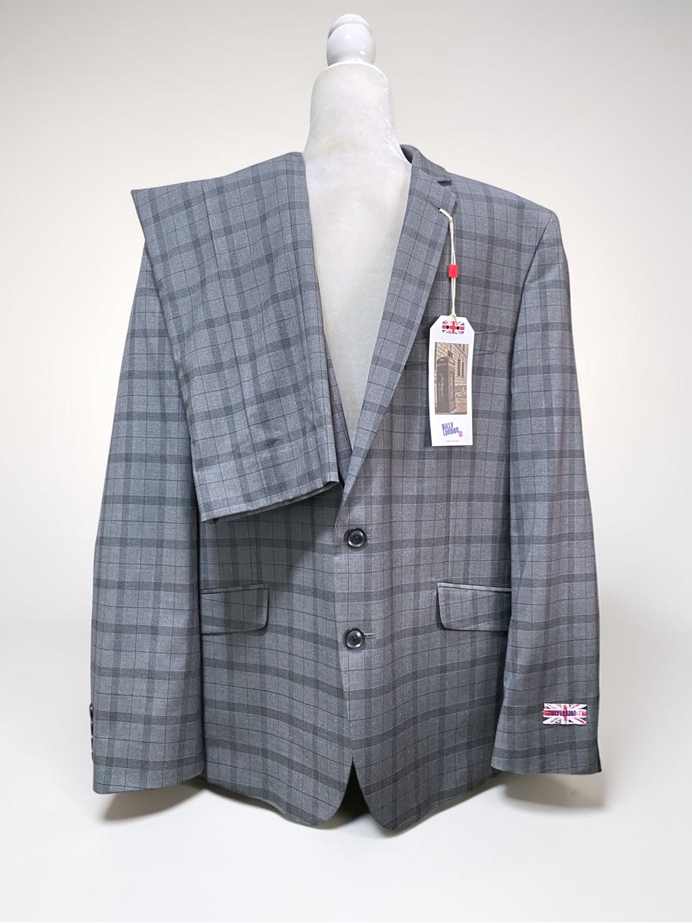 2PCS Billy London Men’s Slim Suit Pants+Jacket Gray Plaid Sz 44R 37W x 32L NWT